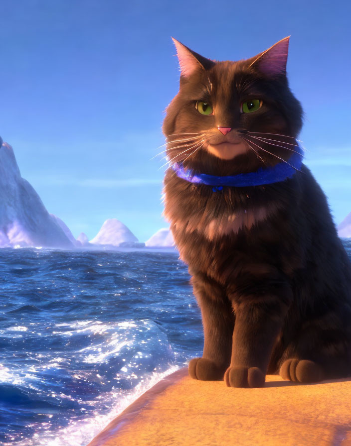 Fluffy Brown Cat 3D Animation: Green-Eyed Feline on Rock with Ocean and