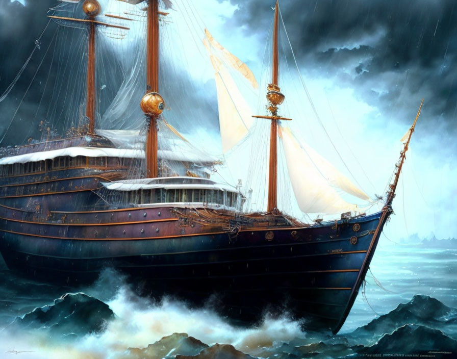 Sailing ship in stormy seas with crashing waves