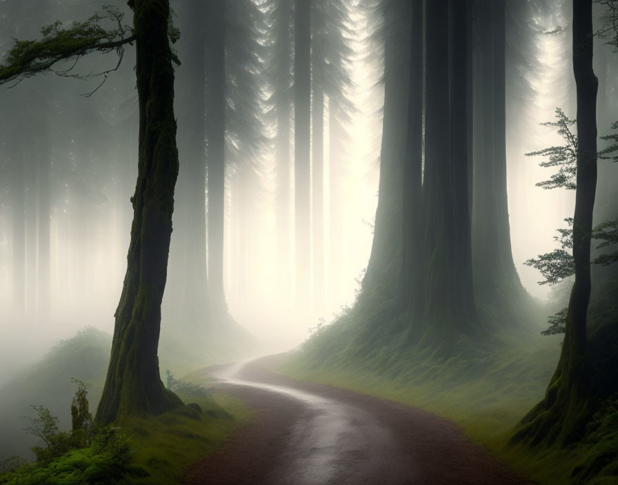 Misty forest with winding path and sunbeams