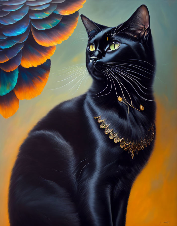 Regal Black Cat with Gold Jewelry and Luminous Wings on Amber Background