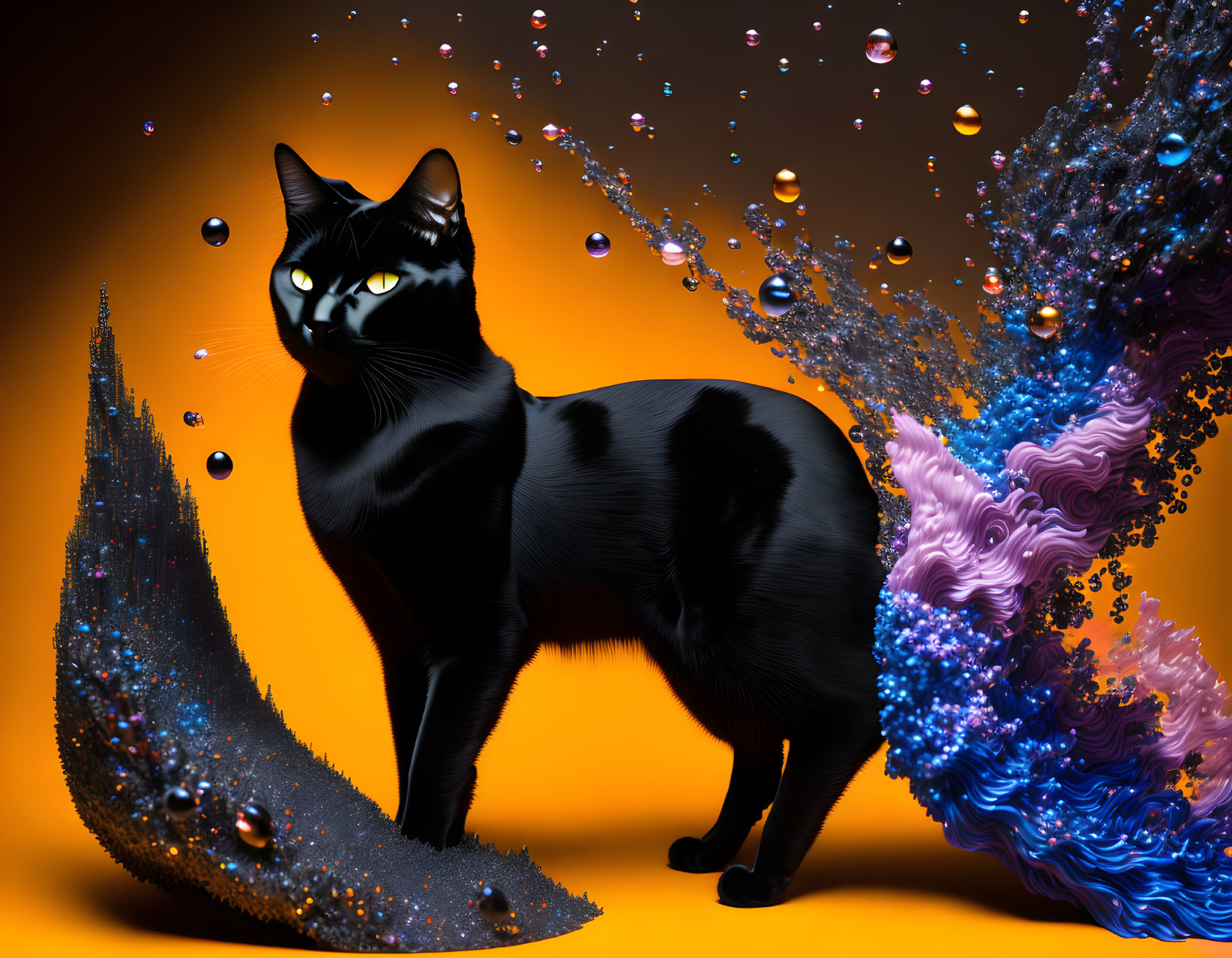 Black Cat with Yellow Eyes on Orange Background with Cosmic Dust and Bubbles