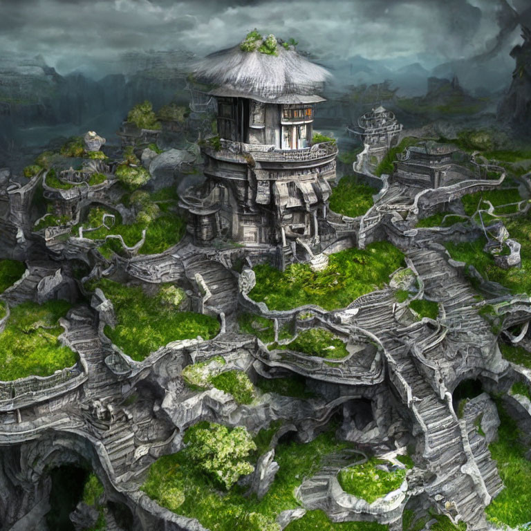 Ancient stone temple complex in foggy mountain setting