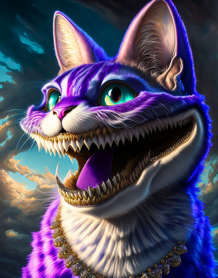 Colorful digital artwork of exaggerated Cheshire-like cat with glowing eyes