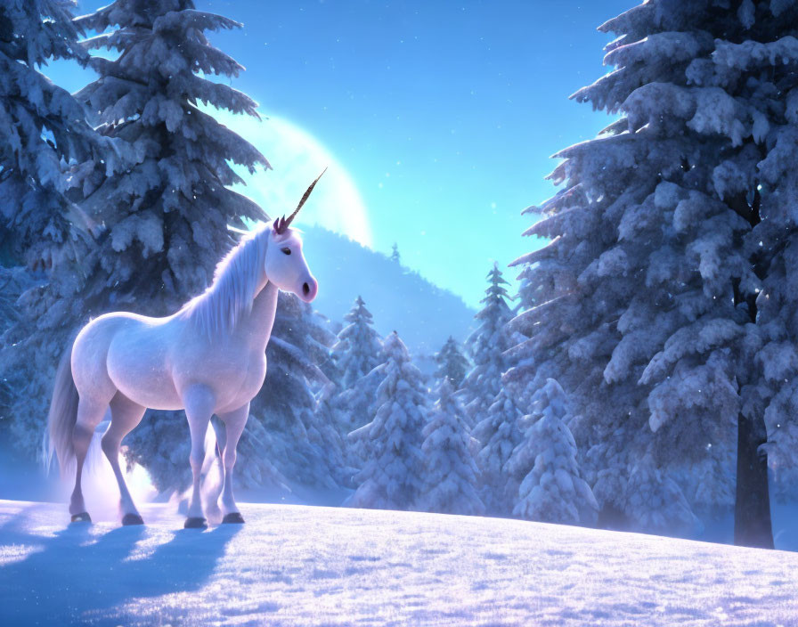 White Unicorn in Snowy Forest with Pine Trees under Blue Sky