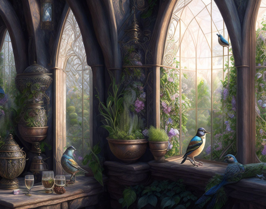 Intricate arched window with green plants and bluebirds in indoor scene