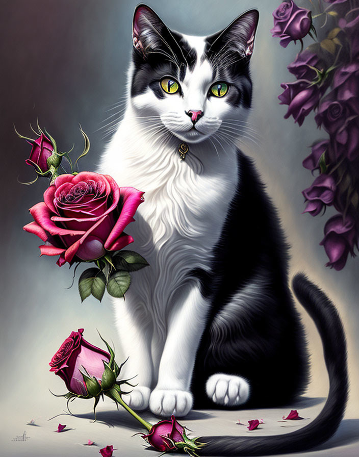 Black and White Cat with Yellow Eyes Beside Blooming Roses