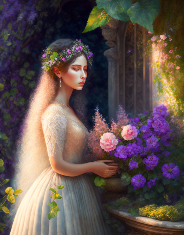 Serene woman in white dress with floral crown near purple flowers and soft sunlight