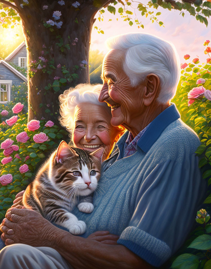 Elderly couple with tabby cat in sunlit garden surrounded by pink roses