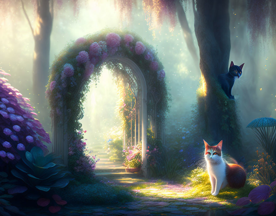 Enchanting fantasy garden with archway, glowing path, cats, and mystical light