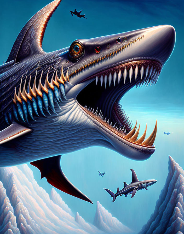 Detailed mechanical shark surrounded by smaller sharks in blue skies