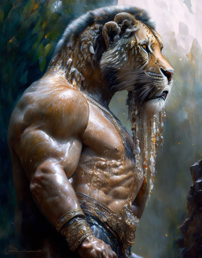 Lion-headed humanoid sculpture in contemplative pose with flowing water