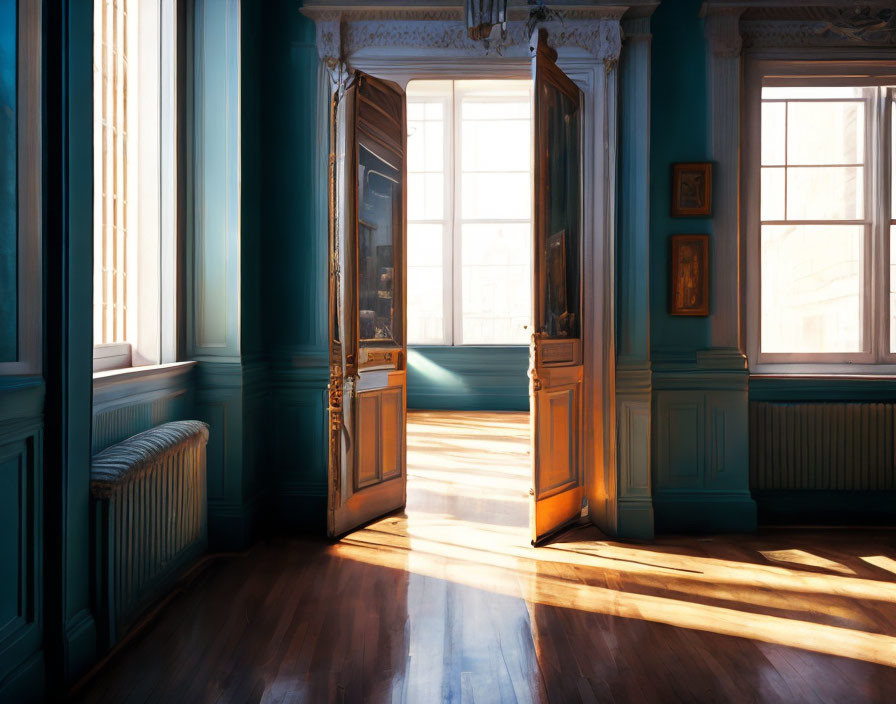 Interior with teal walls, wooden floors, paintings, and vintage radiator in sunlight.