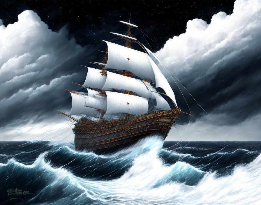 Sailing ship with white sails on stormy seas