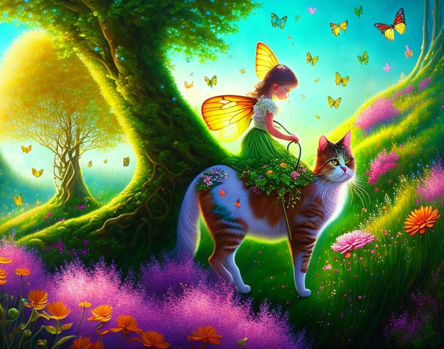 Translucent-winged fairy riding large cat in colorful forest