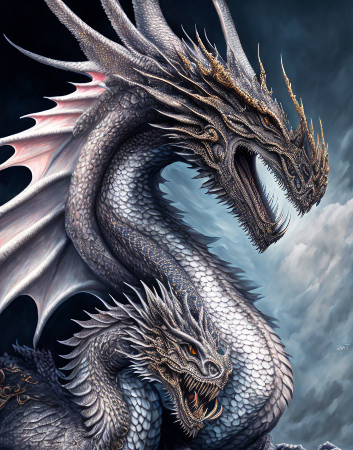 Intricate two-headed dragon with scales and horns in cloudy sky.