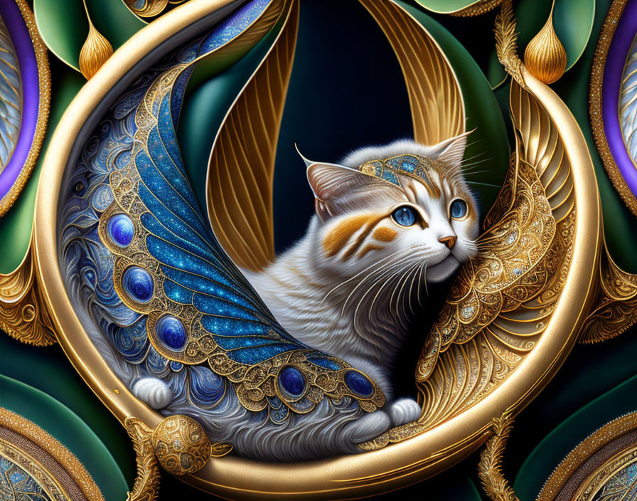 Whimsical cat with ornate wings and mystical headdress in digital artwork