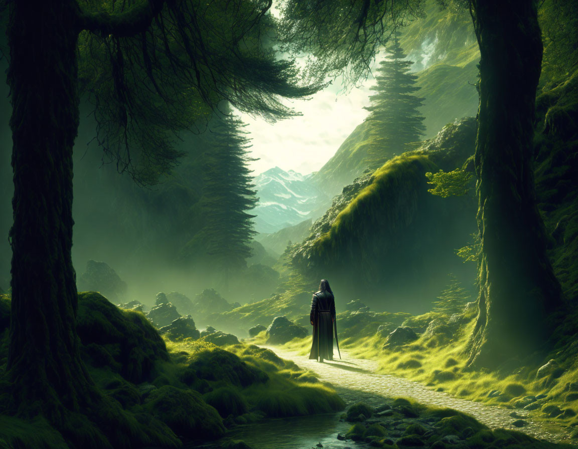 Cloaked figure on mossy path in misty forest with mountains