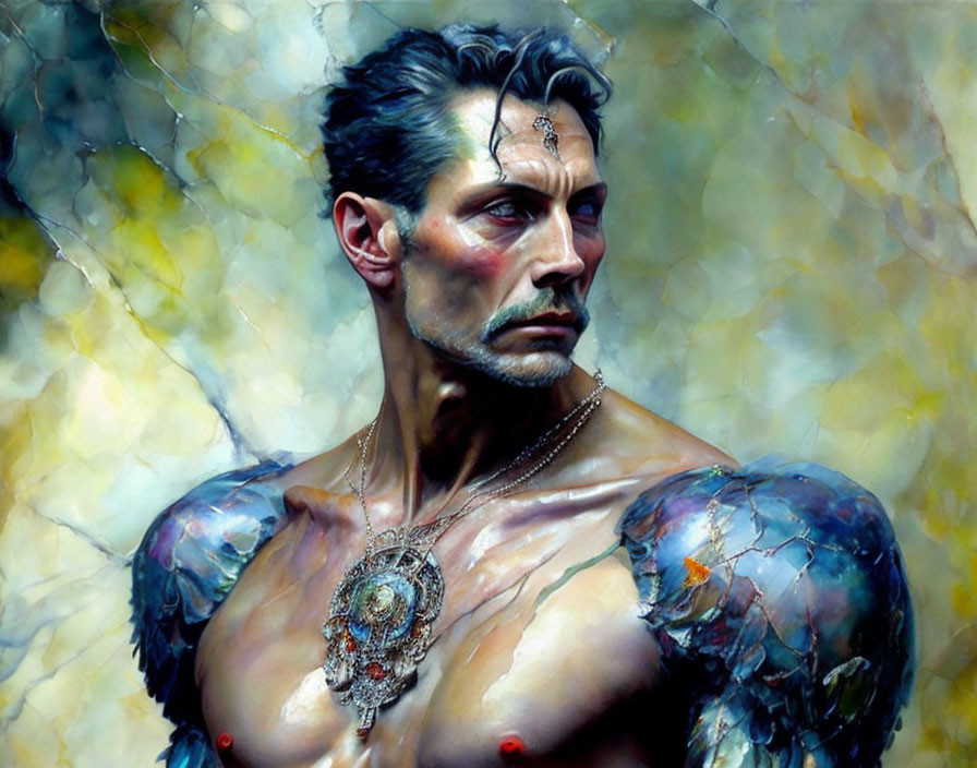 Muscular man with ornate tattoos and jewelry in contemplative pose