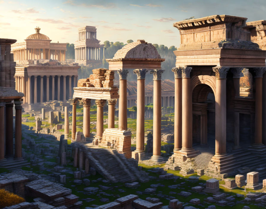 Ancient Roman cityscape with temples, columns, and hills in digital art