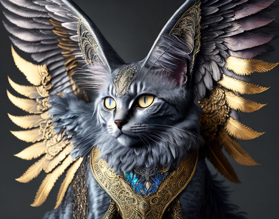 Majestic fantasy cat with large ornate wings and golden collar