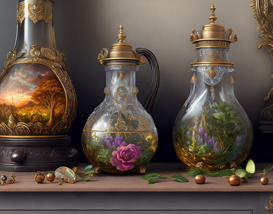 Golden carafes with intricate nature-inspired motifs and decorative elements on reflective surface