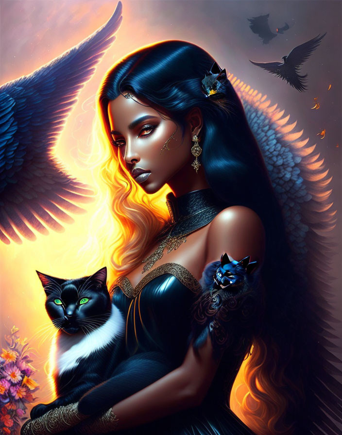 Blue-Haired Woman with Black Cat and Owl on Orange Background