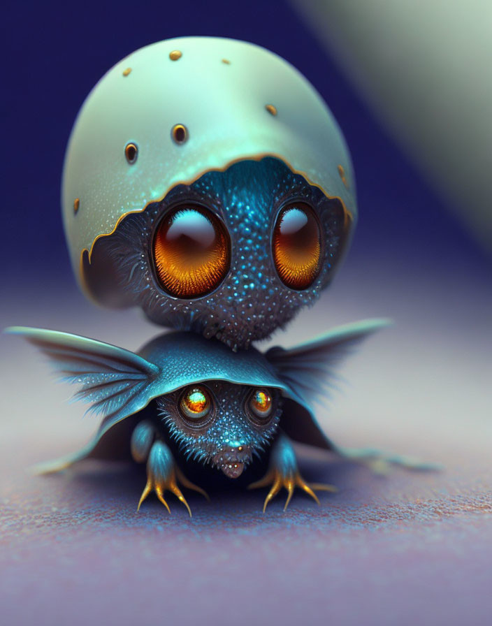 Fantastical creatures with large expressive eyes on shiny bodies.