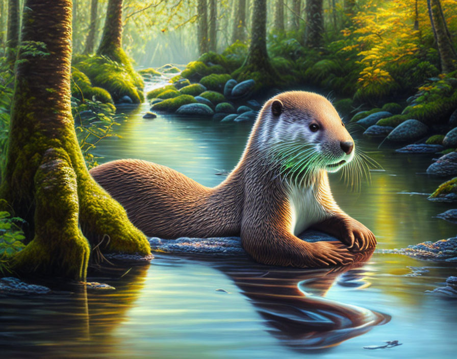 Otter resting on rock in serene forest with sun rays and river reflection