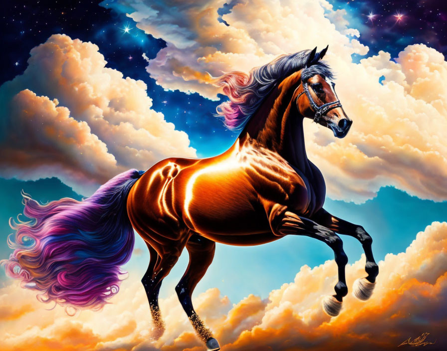 Majestic brown horse with purple mane under starry sky