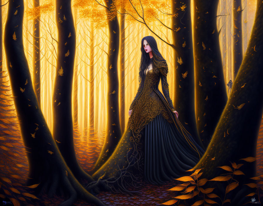 Woman in ornate black and gold dress amidst autumn forest with golden leaves.