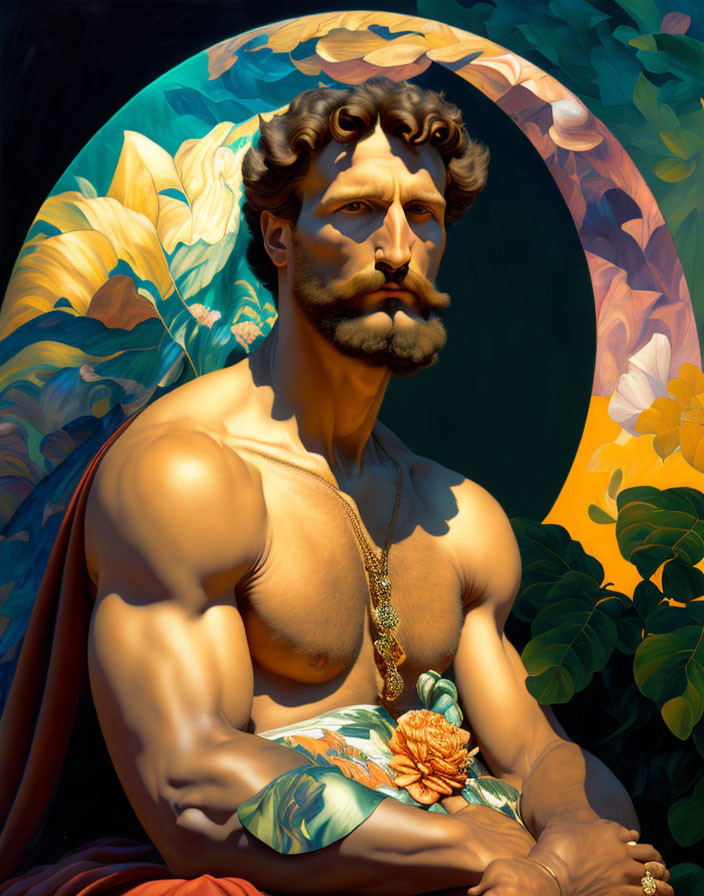 Muscular man with mustache in classical art style against floral backdrop