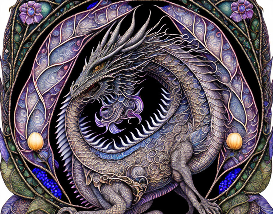 Detailed Mythic Dragon Illustration with Ornate Scales and Jewel-like Designs