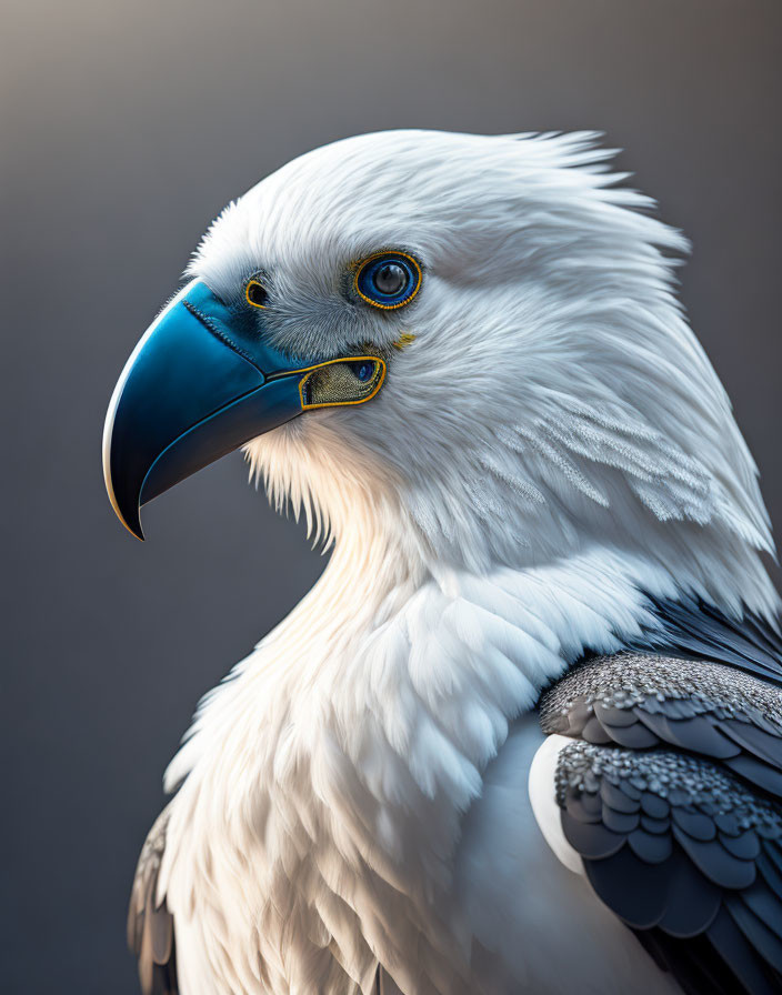 Bald eagle close-up: yellow eyes, blue beak, white feathers