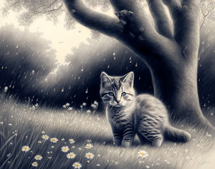 Monochrome kitten in field with daisies and bird on tree