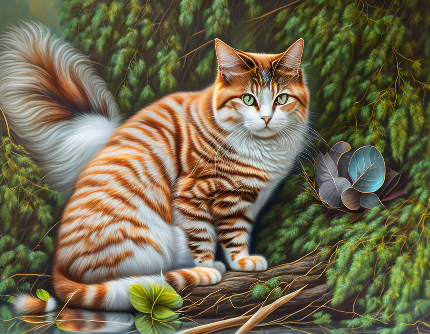 Orange and White Striped Cat with Green Eyes Among Foliage