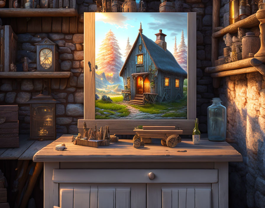 Sunset cottage painting in cozy workshop setting