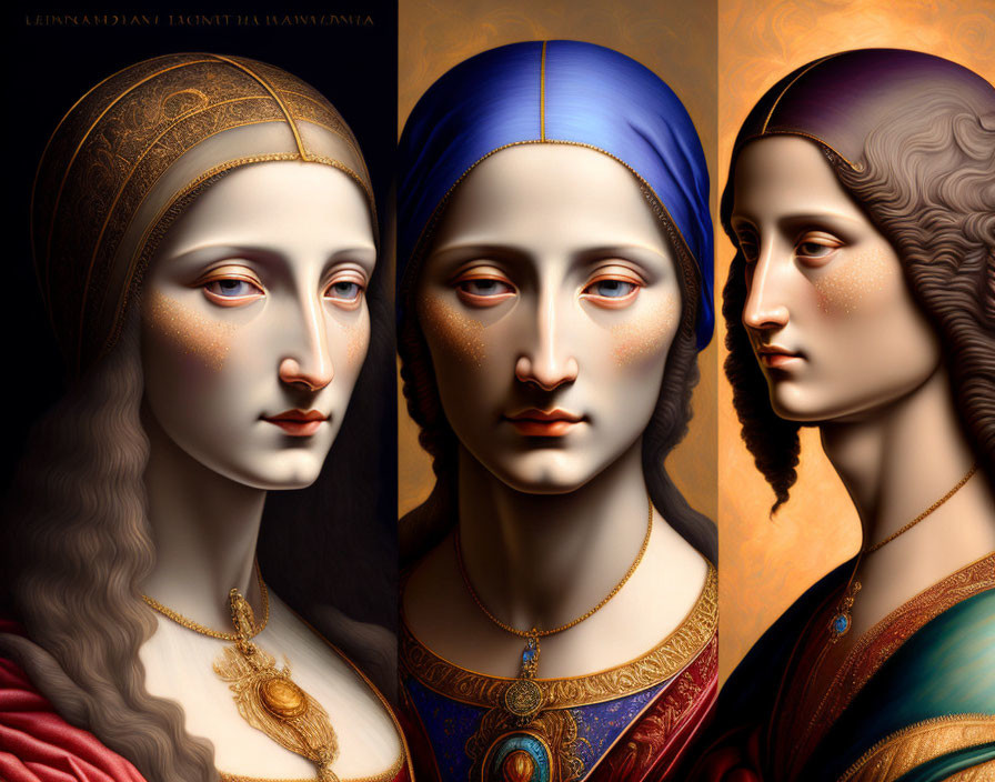 Three Classical-Style Digital Portraits of Woman with Various Headdresses