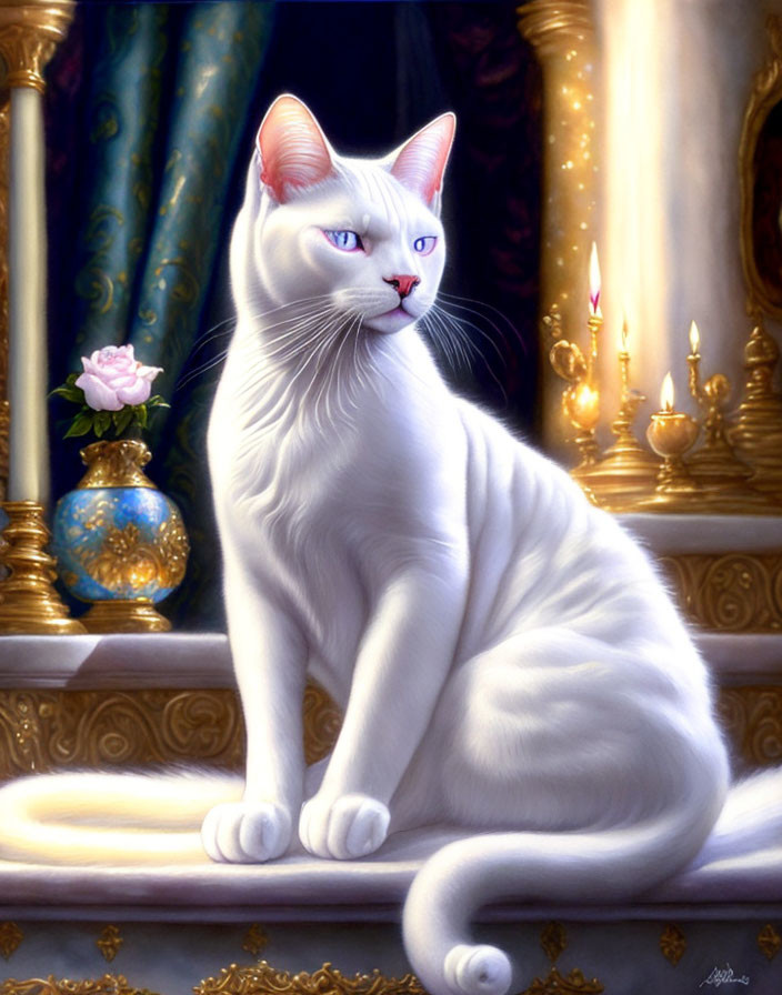 White Cat with Blue Eyes in Opulent Decor Setting