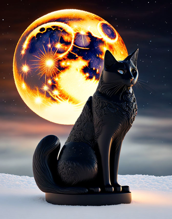 Stylized black cat figurine in snow on cosmic background