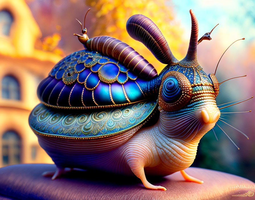 Colorful digital illustration: intricate snail shell against autumnal backdrop