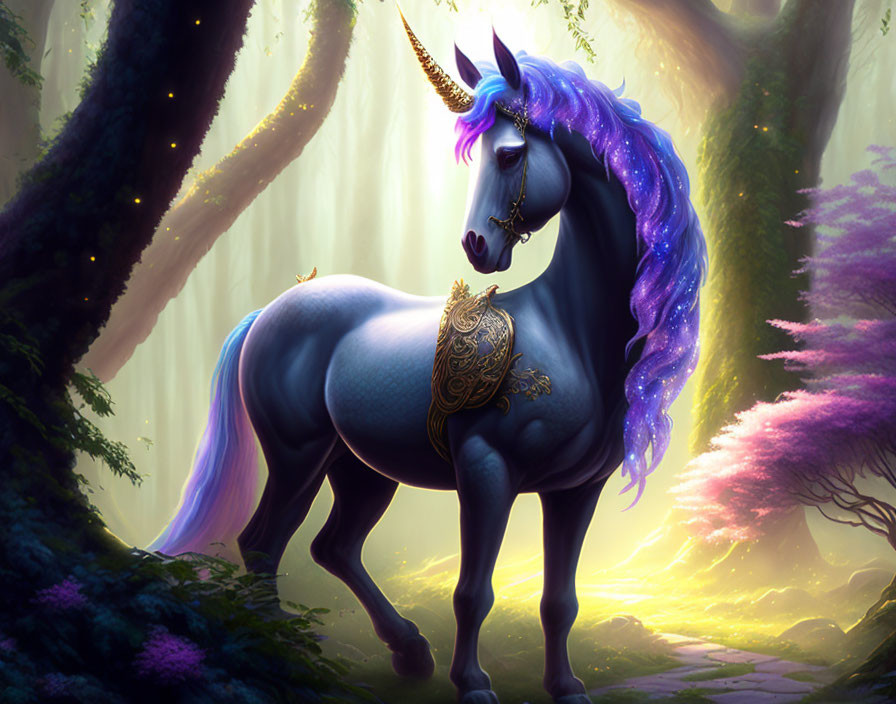 Majestic unicorn with purple mane in enchanted forest