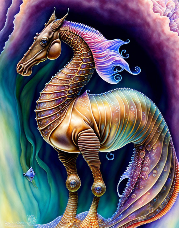 Vibrant fantastical seahorse with intricate fins and patterns in swirling blue and purple setting.