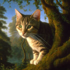 Alert tabby cat on sunlit forest tree branch