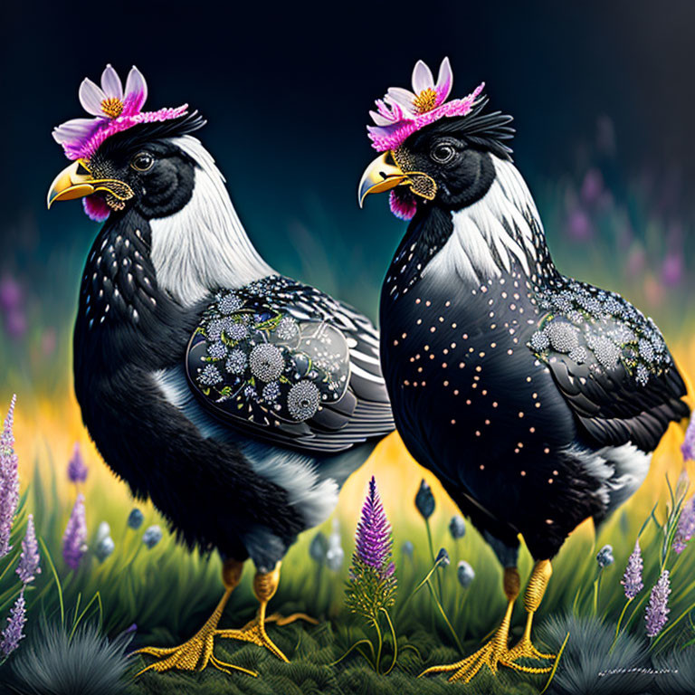 Stylized chickens with floral patterns among colorful flowers