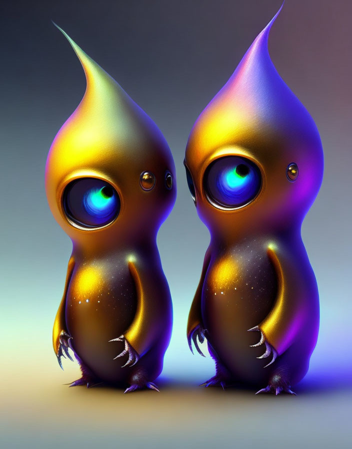 Glossy stylized creatures with blue eyes and gradient bodies.