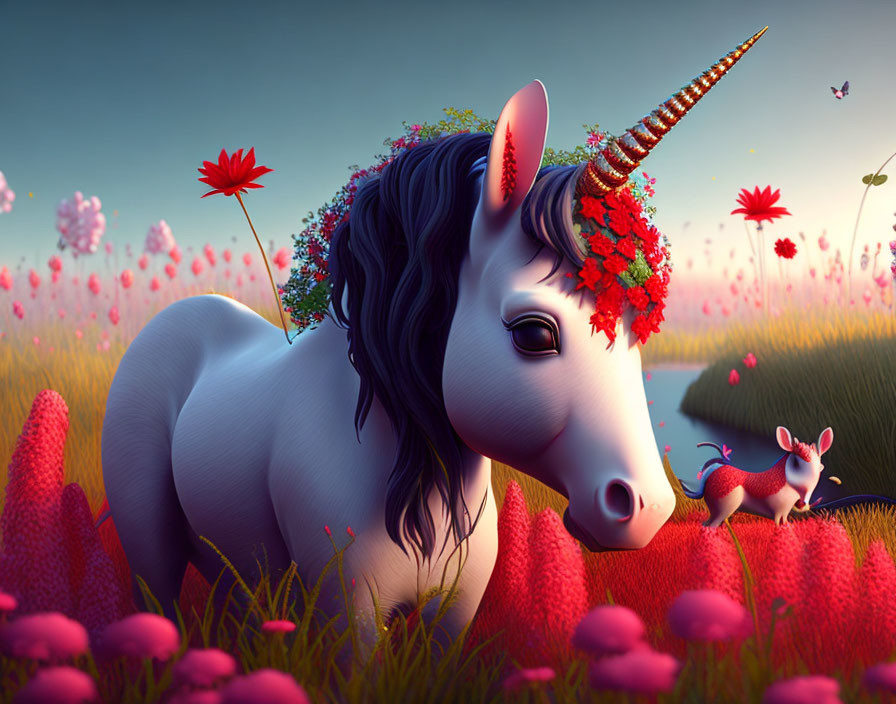 Serene unicorn with floral mane and golden horn in whimsical illustration