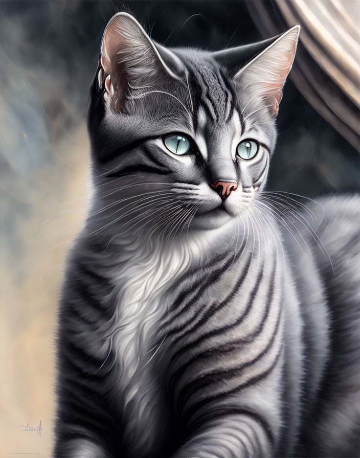 Gray Striped Cat with Green Eyes in Digital Painting