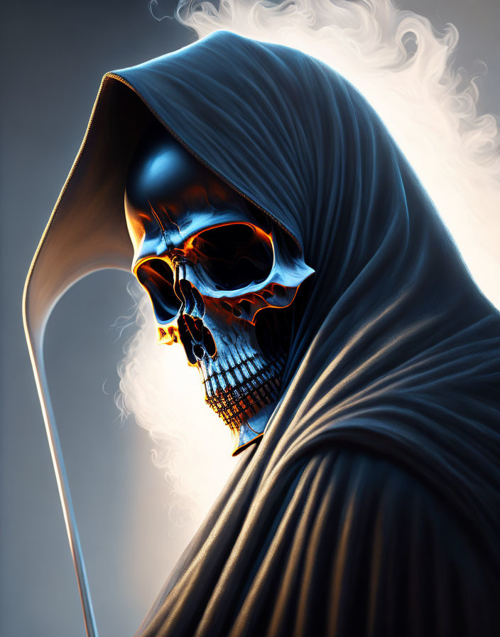 Hooded figure with glowing skull face in shadows