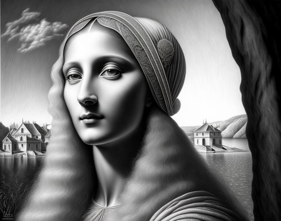 Surreal monochromatic artwork: woman with flowing hair in dreamlike landscape