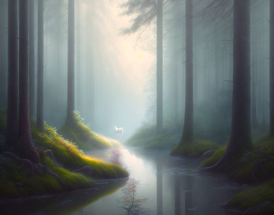 Tranquil forest landscape with mist, river, unicorn, and sunlight